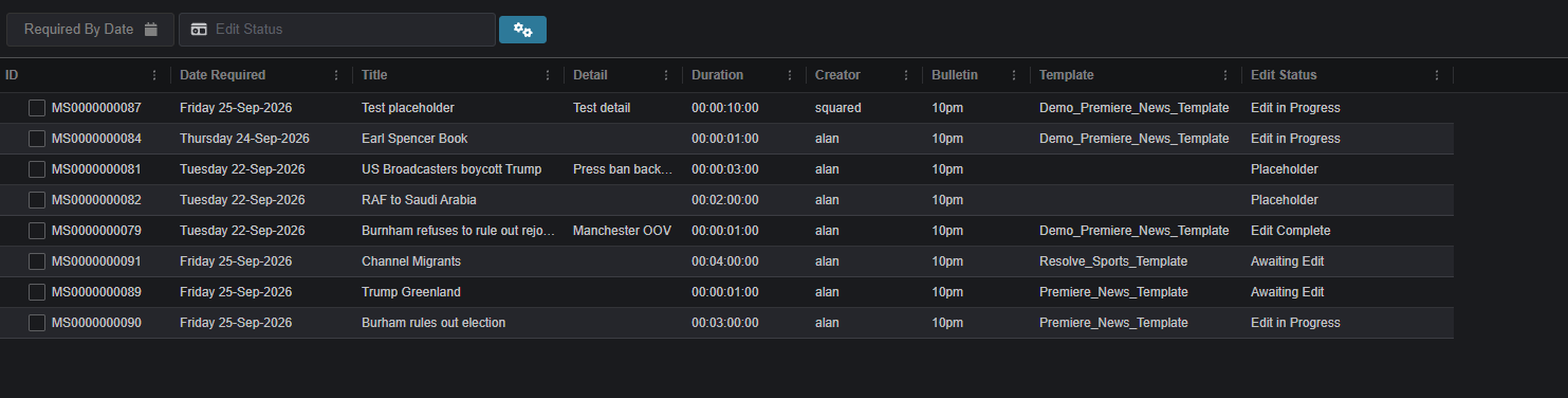 Enterprise Edit job list with production assignments, templates and edit status