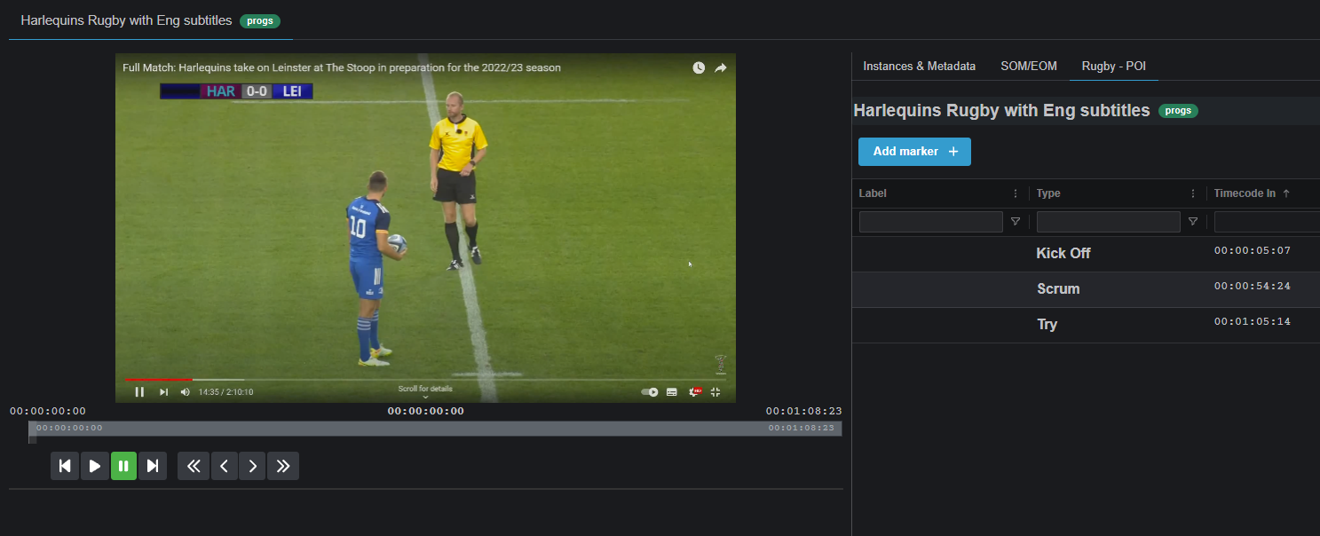 Portal Review and Approve UI showing rugby video playback and genre-specific Kick Off, Scrum and Try markers with timecodes