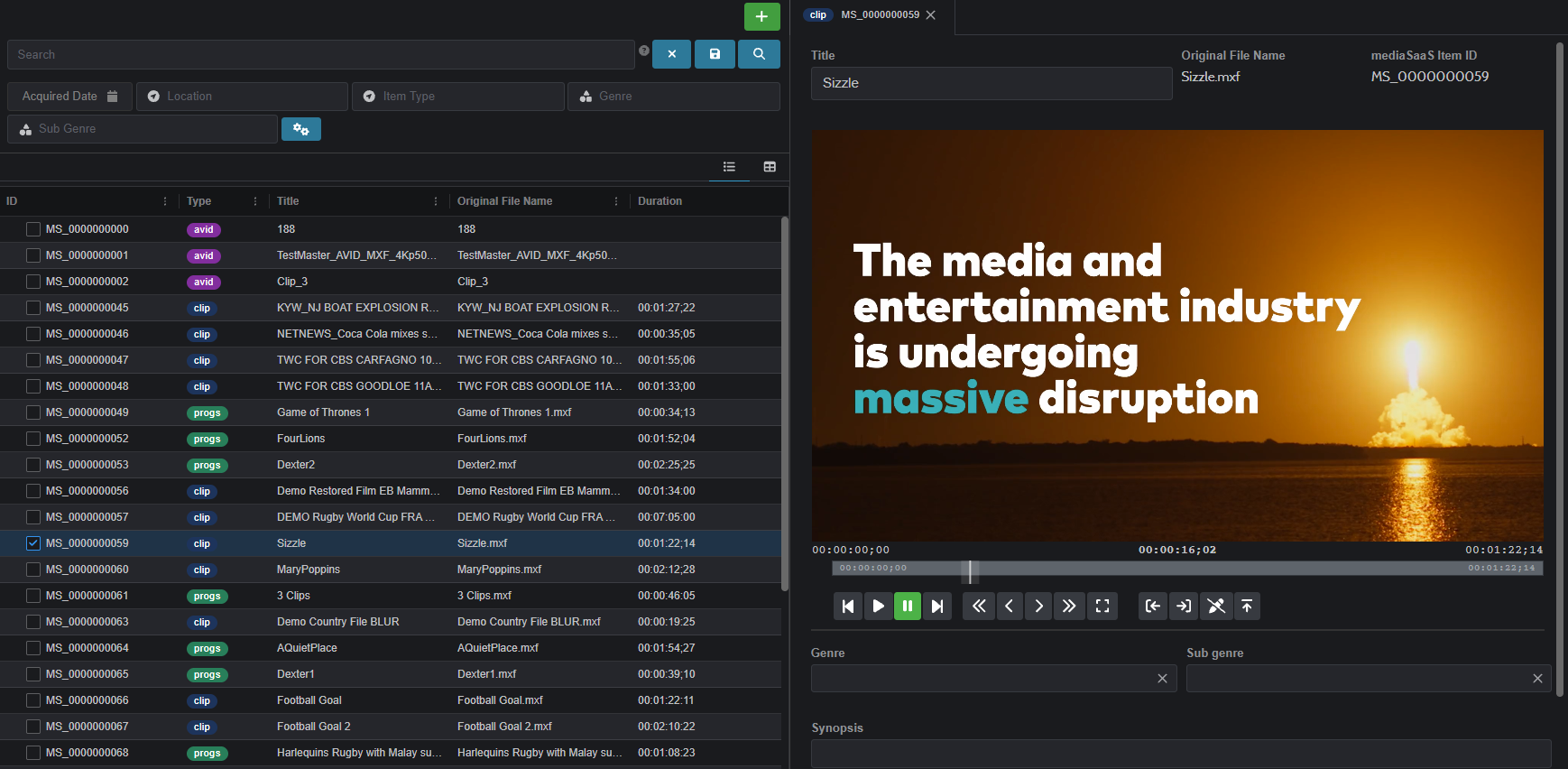 mediaSaaS Portal showing the searchable asset list, video preview and metadata